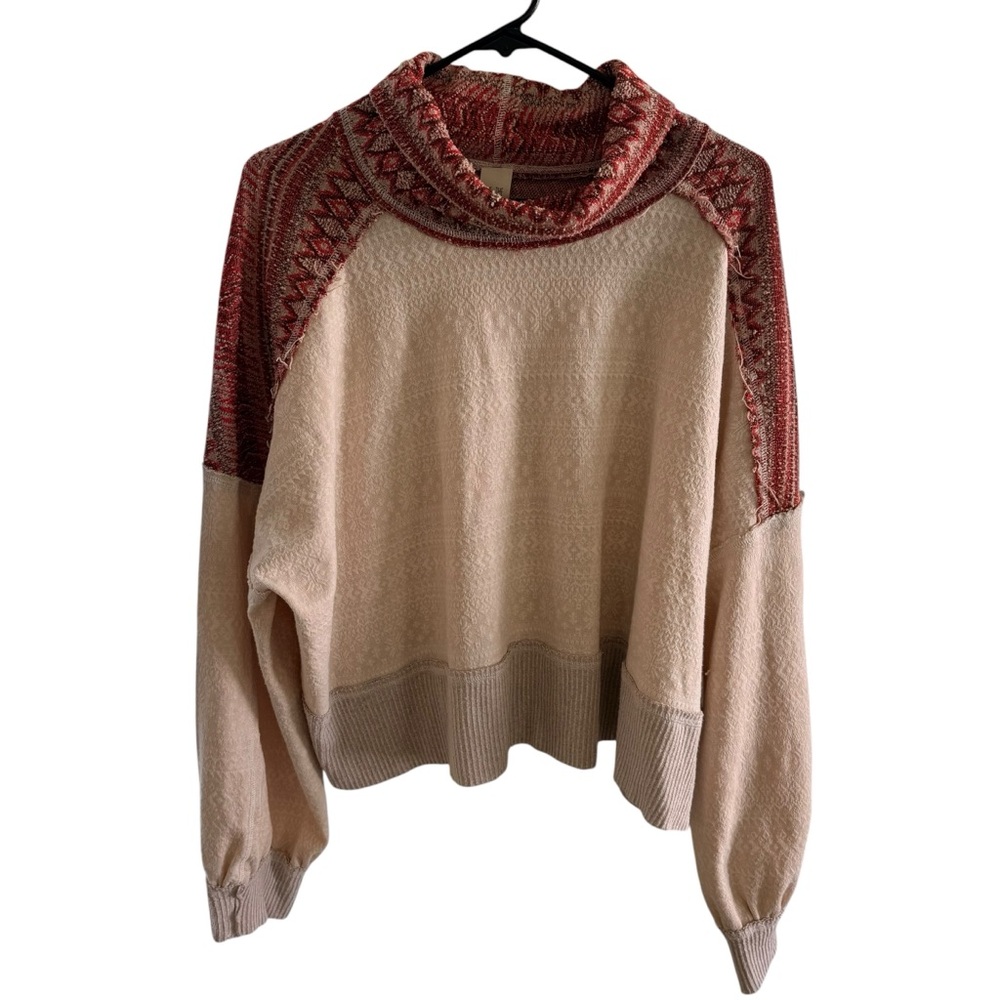 We The Free Cowl Neck Shirt Size Large Cream with Rust and Brown Pattern